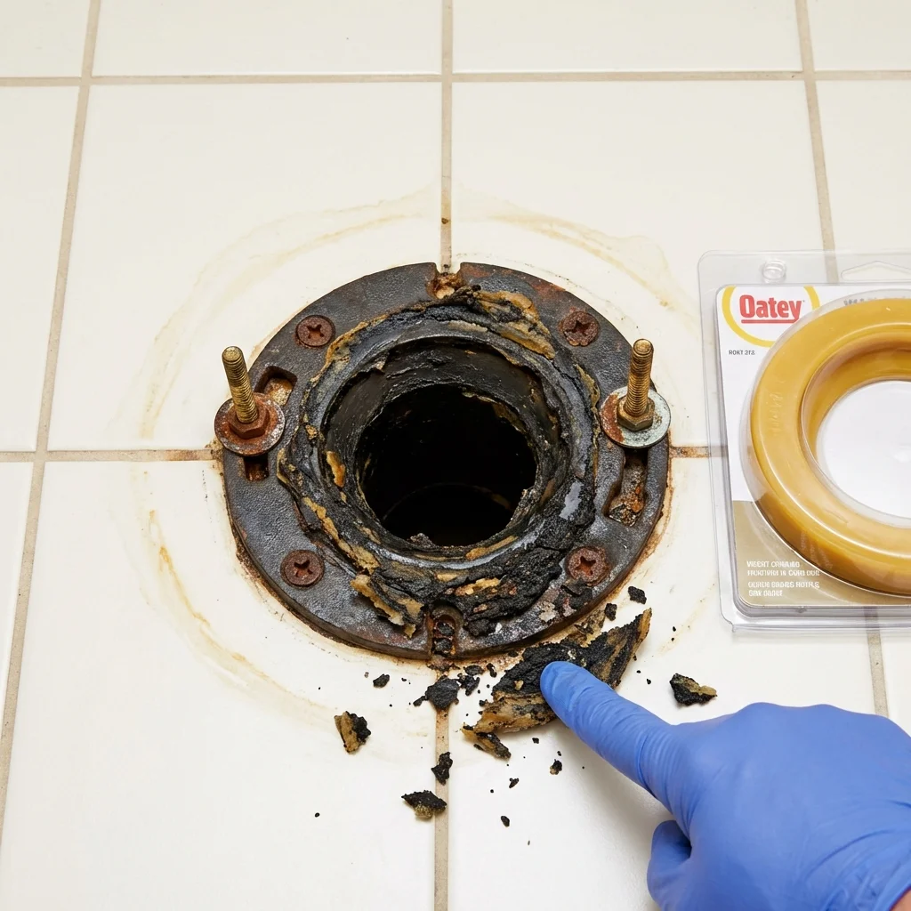 Failed wax ring showing water seepage at the base of a toilet in a Chillicothe, MO home