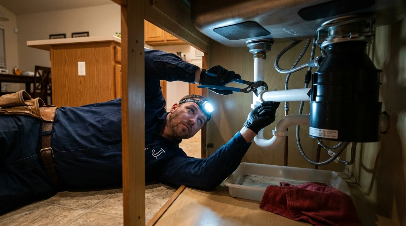 P-trap and supply line connections under a kitchen sink showing a common leak point in Chillicothe, MO